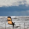 A kiter on the beach of lake michigan preparing to ride