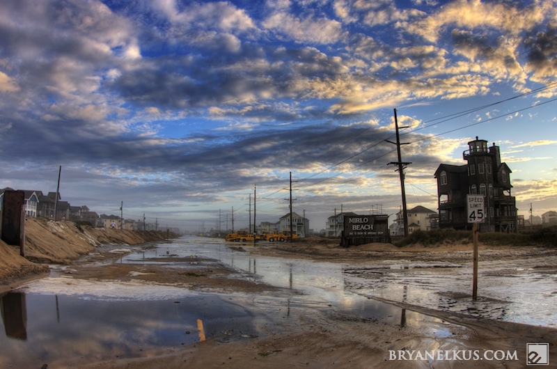 Distruction and flooding at northern Rodanthe looking south on Hwy 12
