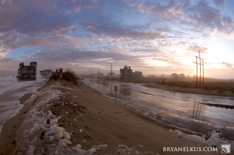 Distruction and flooding at northern Rodanthe looking south on Hwy 12