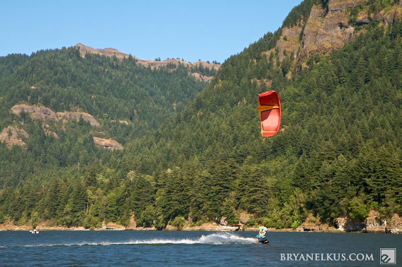 a kiteboarder rides in the columbia river