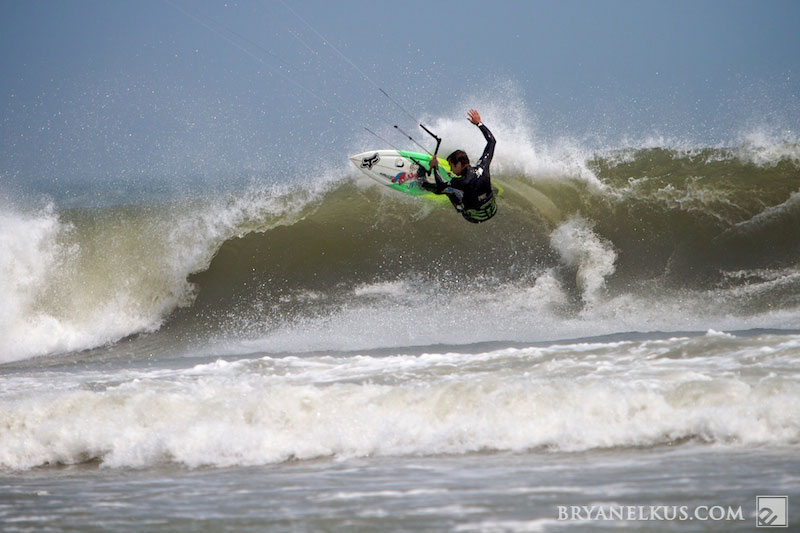 Pro Kiteboarder/Surfer Josh Mulcoy Kitesurfing in Cape Hatteras, NC.