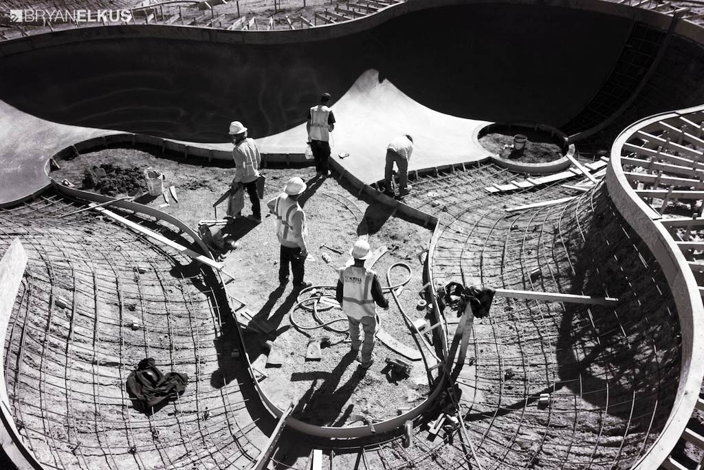 view of the construction crew in the clover bowl during construction at the Ann Arbor Skatepark in Michican