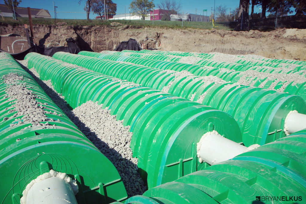 close up view of the construction of the ann arbor skatepark's water retention system.